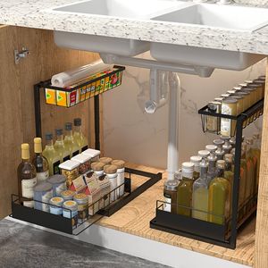 Support de rangement pour la cuisine Organisateurs d'armoires de cuisine en métal à 2 niveaux pour la salle de bain Organisateur <span class=keywords><strong>sous</strong></span> l'évier - Product Image 3