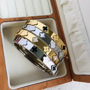 Дизайнерский позолоченный браслет из нержавеющей стали Клевер Циркон манжета пара браслет для мужчин и женщин