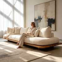 Sofa Platform Gaya Wabi Sabi Minimalis Jepang dengan Alas Kayu Solid, Sofa 3 Dudukan Berbahan Kain Teddy, Sofa Duduk Dalam untuk Ruang Tamu Rumah