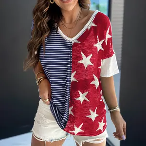 Vendita calda donne Independence Day camicie Multicolor Stripes Stars Print maglia con scollo a V maniche corte Top