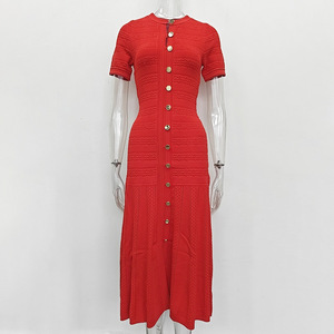 Abito Lungo da Donna Vintage Primavera Estate 2026 in Maglia a Treccia Tinta Unita, Design Elegante, Monopetto, <span class=keywords><strong>Maniche</strong></span> <span class=keywords><strong>Corte</strong></span>, Girocollo - Product Image 3