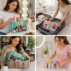 Pochette de maquillage transparente en PVC avec lettres en chenille, 11,6x8,6 pouces, avec dragonne et fermeture éclair dorée, organiseur de voyage, cadeau pour filles, lot de 2 - Product Image 4