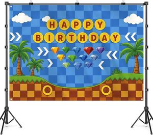 Fondo Fotográfico <span class=keywords><strong>de</strong></span> Feliz Cumpleaños, Telón <span class=keywords><strong>de</strong></span> Fondo con Diseño <span class=keywords><strong>de</strong></span> <span class=keywords><strong>Sonic</strong></span>, Decoración para Fiestas <span class=keywords><strong>de</strong></span> Videojuegos, Personalizable - Product Image 1