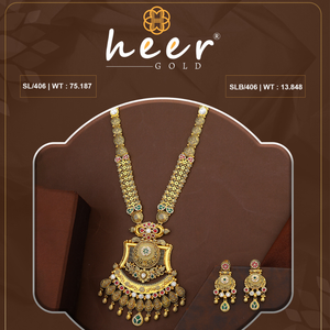 Elegant traditional gold <b>long</b> necklace set with intricate temple motifs bridal wedding jewelry haram style with <b>matching</b> earring - Product Image 2