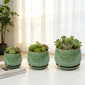 Juego de 3 Macetas para Hierbas con Bandeja, Macetas de Cerámica Verdes para Jardín Interior y Exterior, para Cocina, <span class=keywords><strong>Ventana</strong></span>, Balcón - Product Image 4
