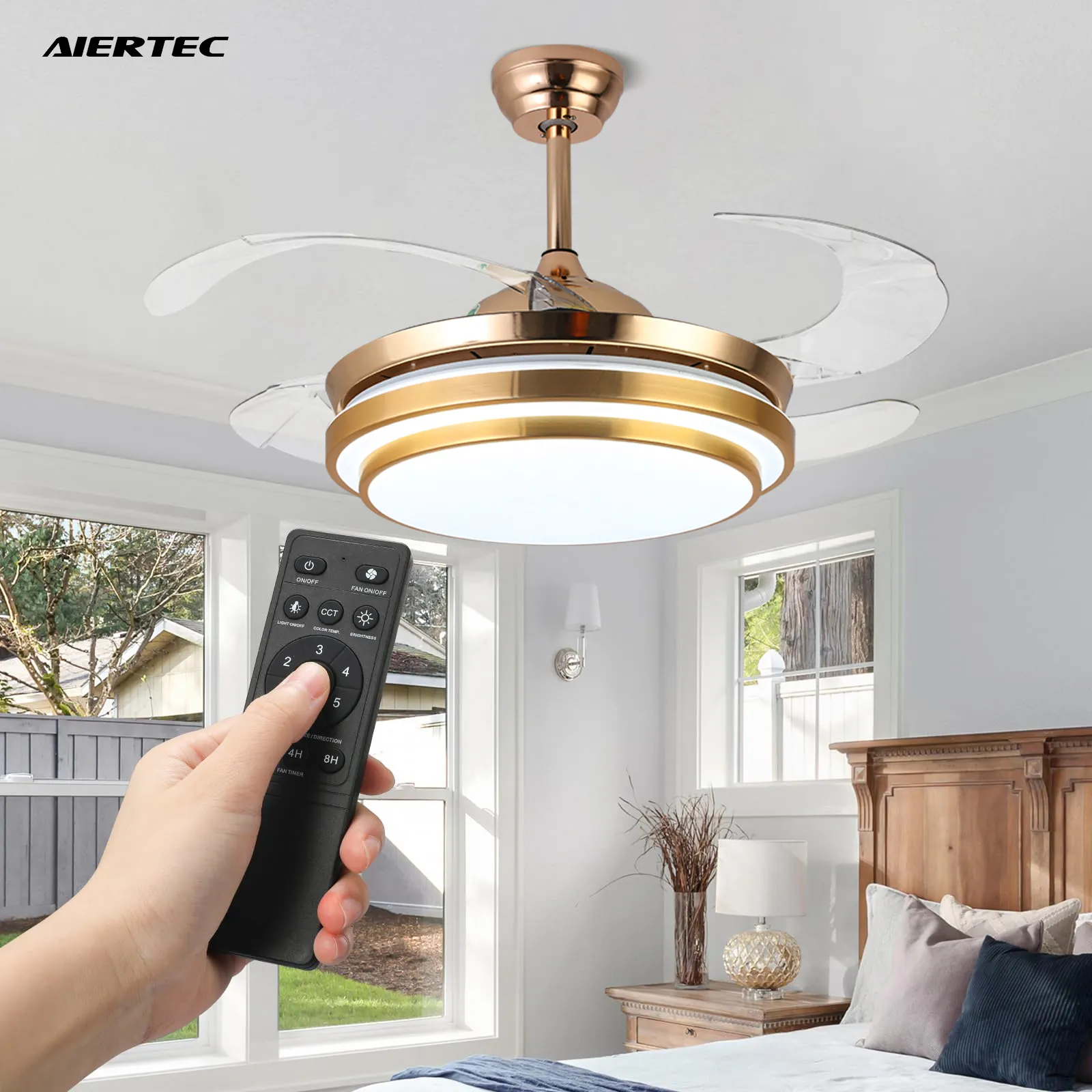AIERTEC – lustre de 42 pouces, 4 pales ABS, Moto entièrement en cuivre, ventilateur de plafond Led Invisible rétractable avec lumière et télécommande