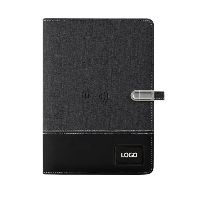 Perencana bisnis A5 Logo kustom pengisi daya nirkabel kombinasi buku harian notebook Agenda hadiah dengan USB Flash Drive dan Power Bank