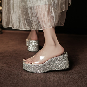 528A Women's <b>Wedges</b> <b>Sandals</b> Open Toe <b>Platform</b> PVC Lining Rhinestones Height Increasing Slip-On Summer Shoes - Product Image 2