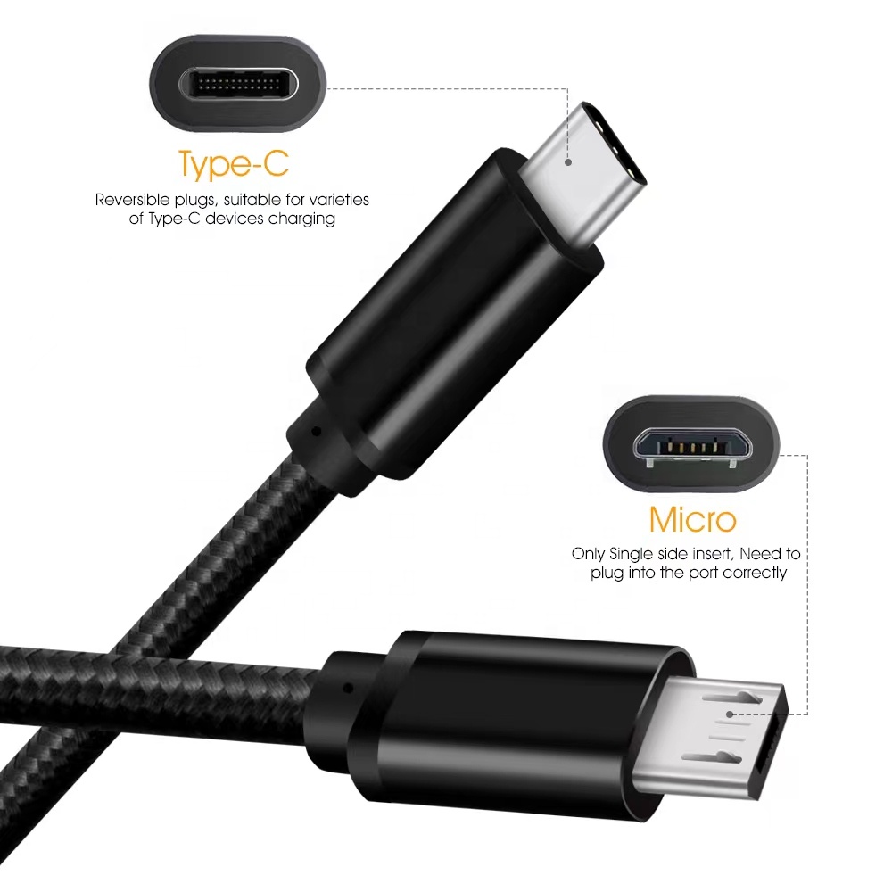 短い30cmマイクロケーブルTipoCUSBナイロン編組タイプC (USB-C) からマイクロUSB同期充電器データケーブルコードアダプターOTG