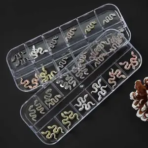 12Grid/Box Alloy Snake Nail Art Charms Metal/Diamond Decoration Jewelry Gold Silver 3D Mixed-Shape Manicure Rhinestones Supplies
