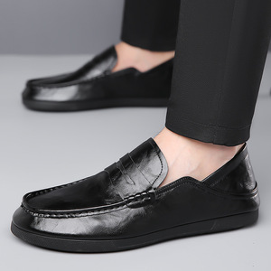 Mocassins en cuir de vachette pour hommes, printemps-automne, noirs, antidérapants, chaussures décontractées pour affaires - Product Image 4