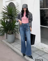 Celana Jeans Wanita Ukuran Besar Model Flare Biru Denim, Desain Anti Kusut, Pinggang Tinggi Elastis, Kancing, Logo Dapat Disesuaikan, Kasual Modis