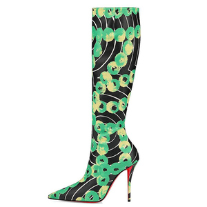 Bottes longues à talons fins pour femmes, taille 46, imprimé léopard, fermeture éclair latérale, bottes mi-mollet, bout pointu, chaussures sexy à talons aiguilles, motif floral - Product Image 1