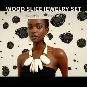 Gold Plated Chunky <b>Wood</b> <b>Slice</b> Jewelry Set Geometric Necklace Drop Earring Boho Ethnic Wedding Statement Accessories for Women - Product Image 2