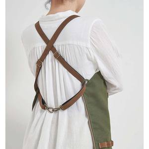 Tablier à bavette en toile verte <span class=keywords><strong>militaire</strong></span> avec bretelles en cuir pour restaurant café lait thé boutique fleur Art barbier joint - Product Image 3