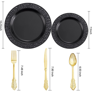 Plato recortado de plástico negro Cubiertos para fiestas Plato de postre de 7,5 "Plato de cena de 10,25" Disco negro - Product Image 5