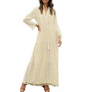 Robe longue bohème pour femme, en dentelle, manches longues, col en V, coupe ample, couleur unie, ourlet à volants, taille naturelle, écologique, été, coupe trapèze - Product Image 4