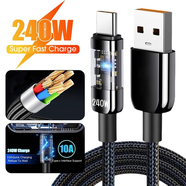 240W Super Fast USB a to Type C Cable USB C Charge for Xiaomi Huawei Samsung Mobile Phone Quick PD Cable Adapt for iPhone 15/16