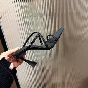 Sandalias sexys de tacón alto con tiras, punta abierta, lazo brillante con pedrería y correa en el tobillo para mujer, de verano. - Product Image 6