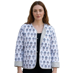 Women's Floral Quilted Knitted Breathable Organic Cotton Jacket Regular Length Indian Block Print Formal Casual Wear Office - Product Image 1