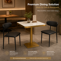 Ensemble de mobilier de restaurant moderne : Table en pierre frittée avec base en métal doré et chaises en PU noir pour café, hôtel, usage commercial