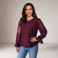 Blusa Elegante de Talla Grande para Mujer, Sólida, Holgada, con Cuello, Manga Larga, Puños con Volantes, Mangas Transparentes con Cuentas, Tejido de Gasa, Otoño Verano