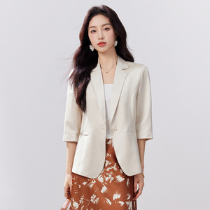 Women's Lightweight Blazer Champagne Color Three Quarter Sleeve Solid Pattern Casual Wear - Product Image 1