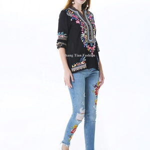 Blusa de Seda Bordada con Flores para Mujer, Otoño, Color Personalizado, Estampado Floral para Mujer, Negro - Product Image 1