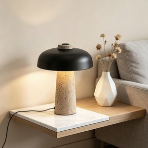 Lámpara de Mesa Negra de Estilo Nórdico Retro, Base de Travertino Natural, E27 LED, Luz de Noche para Dormitorio, Iluminación Ambiental Decorativa de Lujo - Product Image 2