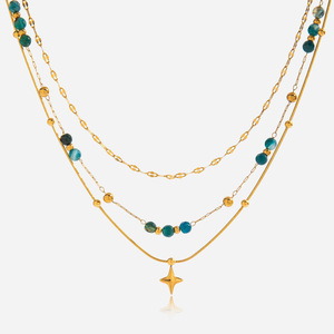Layered Geometric <b>Necklace</b> 18K Gold Plated Natural Stone Star Pendant Multi Strand Chain Yiwu Gift Jewelry - Product Image 1