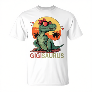 T-shirt Gigisaurus Dino avec lunettes de soleil et nœud papillon, motif coucher de soleil tropical pour femmes et hommes - Product Image 2