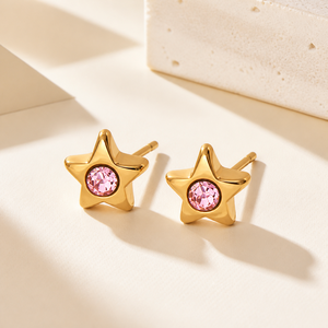 Boucles d'oreilles clous étoile rose en acier inoxydable, zircon, plaqué or 14K sous vide, bijoux sculptés de 7 mm - Product Image 1