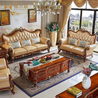 Canapé en cuir de chêne de style européen, ensemble 123 pièces, mobilier de salon en bois massif sculpté, cuir de vachette pleine fleur américain, pour villa