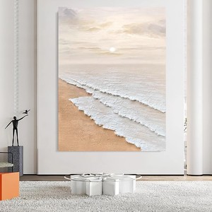 Peinture à l'huile peinte à la main, soleil sur plage dorée, style impressionniste, sans cadre, art mural minimaliste moderne pour salon - Product Image 2