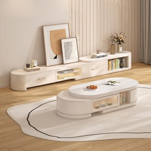Set Moderno di Lusso con Mobile TV e Tavolino da Caffè in Bianco Crema, Console Multimediale con Bordi Arrotondati, Vetro Scanalato LED, <span class=keywords><strong>Arredamento</strong></span> per Soggiorno - Product Image 2