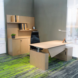 <span class=keywords><strong>Bureau</strong></span> électrique moderne pour cadres avec armoire de rangement latérale, poste de travail assis-debout à double moteur avec panneau et crédence - Product Image 2