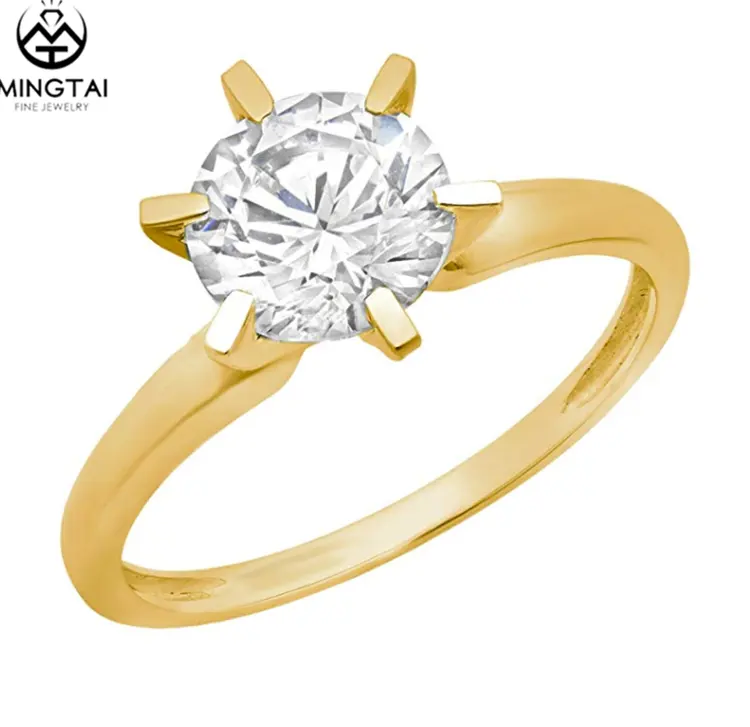 Gold Ring CZ Diamond Solitaire Rings Sale Chinese Prong Setting Round Cut 14K 2 Gram Women's CLASSIC OEM Engagement Ring Yellow