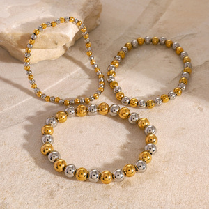 Elegant Beaded <b>Bracelet</b> 18k Gold Stainless Steel <b>Ball</b> Shape Elastic Cord Unisex Jewelry Gift - Product Image 3