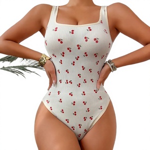 Cherry Print Seamless <b>Shapewear</b> Women Medium Control Ribbed Nylon Spandex Waist Trainer Hip Lifter Daily Wear - Product Image 4