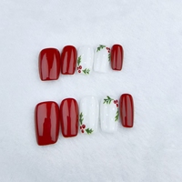 Dibujado a mano rojo festivo corto cuadrado usable nail art puro hecho a mano a presión las uñas se pueden reutilizar