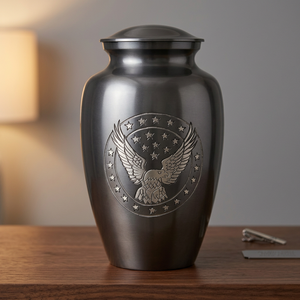 Elegante urna de cremación negra con diseño de águila y estrellas Tributo atemporal para honrar a los seres queridos con dignidad - Product Image 1