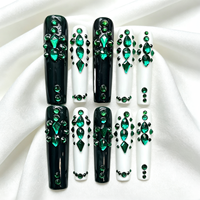 Ongles en forme de cercueil vert émeraude et blanc faits à la main à presser, en ABS, 10 pièces, extra longs, design ballerine cercueil XL