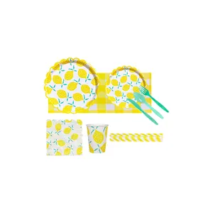 Partybus giallo limone modello piatti di carta tazze tovaglioli e posate usa e getta Set completo di stoviglie per feste da tè