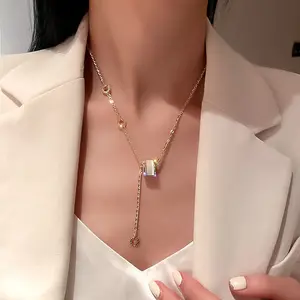 Women Opal Zircon Pendant Necklaces Gold Plated Initial B Clavicle Chain Stainless Steel Titanium Steel Necklace
