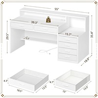 Bureau d'ordinateur blanc personnalisé de 55 pouces, bureau de maison ou de bureau avec 6 tiroirs, prises électriques, ports USB, support d'imprimante, étagère pour moniteur