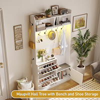 Porte-manteaux et chaussures à entrée étroite, arbre d'entrée 5 en 1 avec banc et rangement de chaussures, arbre à manteaux en bois avec tabouret rembourré