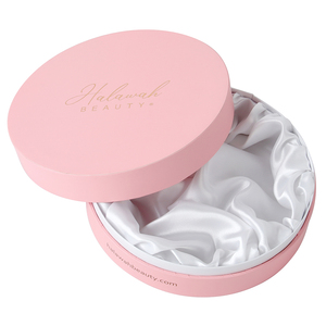 gold foil customized logo round shape luxury hair extensions white satin lined paper packaging boxes with pink lid