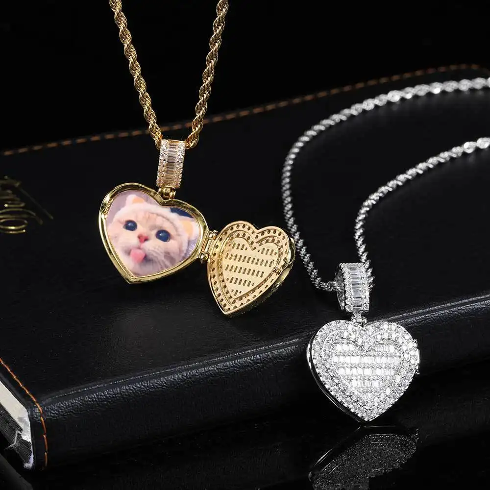 Gold plated copper shinny bling cz crystal memory flip love photo frame pendant open heart picture locket necklace jewelry