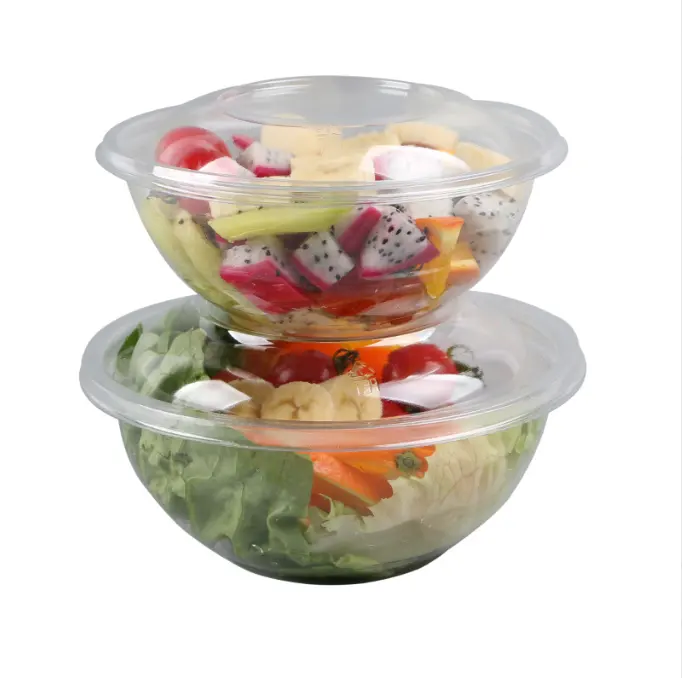 Yuvarlak yiyecek kutusu temizle gitmek meyve salata plastik kaseler 32Oz Pet tek kullanımlık çevre dostu plastik salata kasesi kapaklı