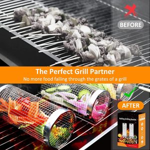 Garden Supplies 2 Pcs Stainless Steel Grill Basket Cylinder BBQ <b>Smoking</b> Accessories Round Rolling Rack Grilling Wire Mesh Basket - Product Image 2